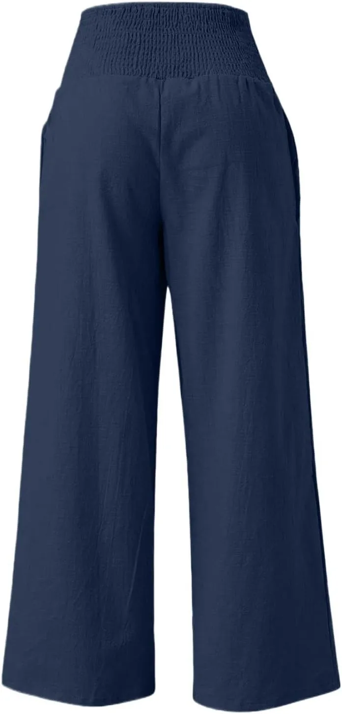 Linen Pants for Women Wide Leg Beach 2025 Summer Elastic Waist Pants High Waisted with Pockets Comfy Solid Clothes