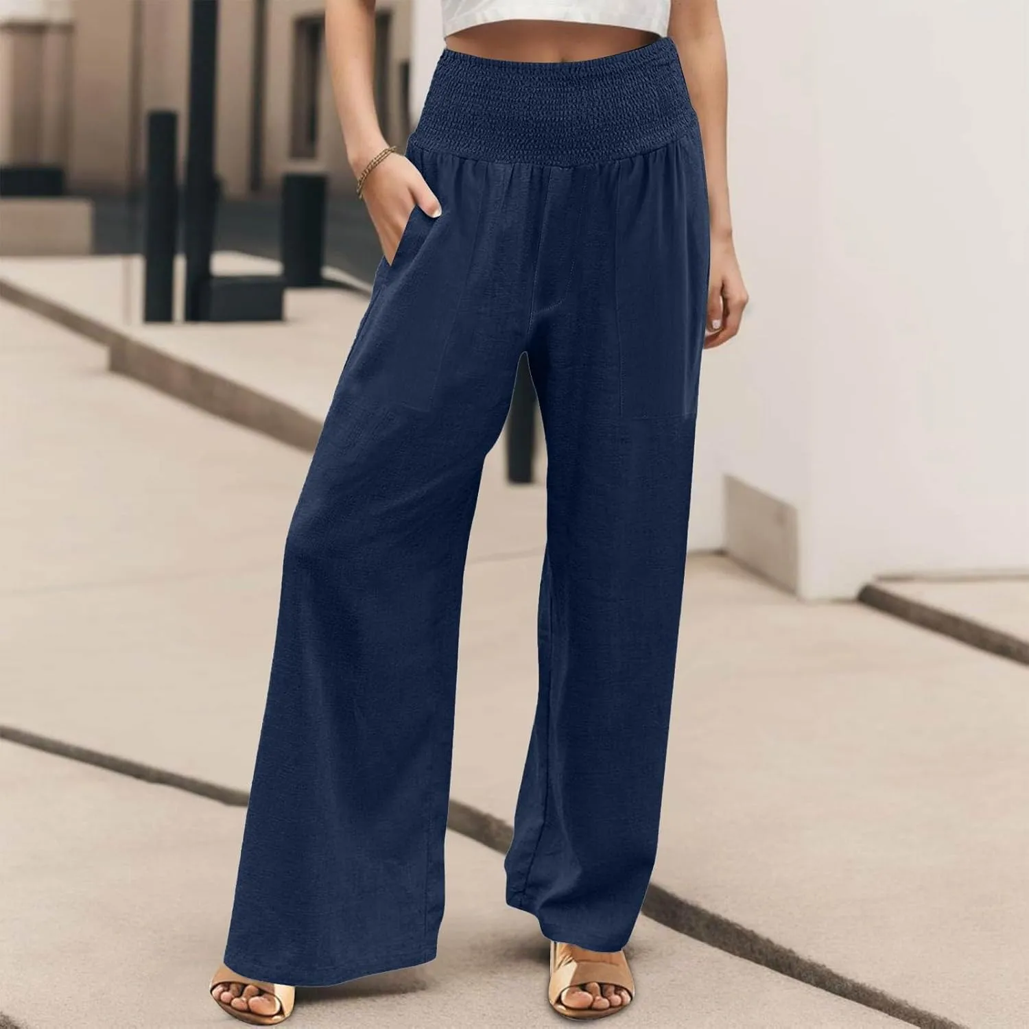 Linen Pants for Women Wide Leg Beach 2025 Summer Elastic Waist Pants High Waisted with Pockets Comfy Solid Clothes