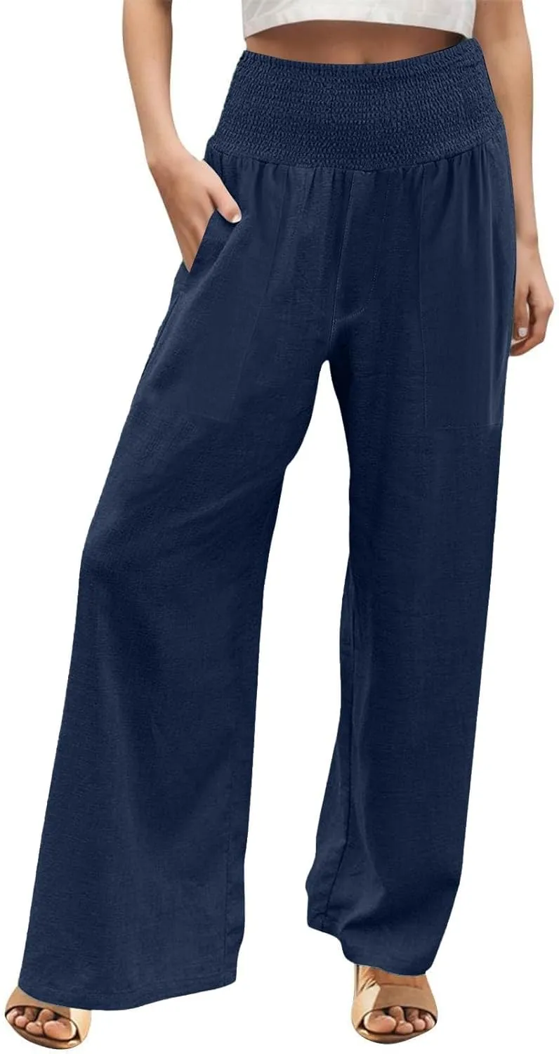 Linen Pants for Women Wide Leg Beach 2025 Summer Elastic Waist Pants High Waisted with Pockets Comfy Solid Clothes