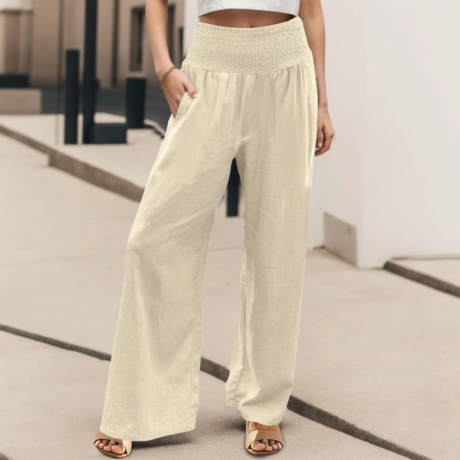 Linen Pants for Women Wide Leg Beach 2025 Summer Elastic Waist Pants High Waisted with Pockets Comfy Solid Clothes