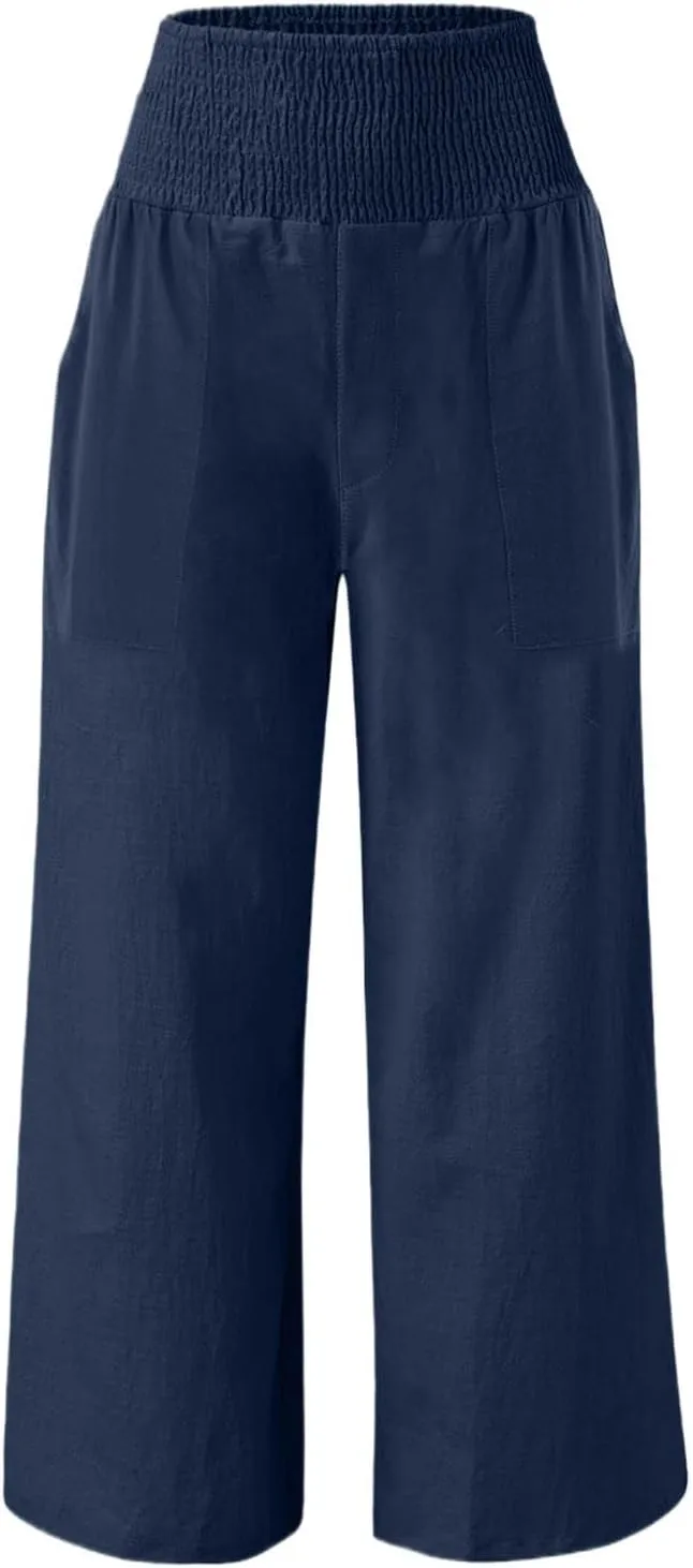 Linen Pants for Women Wide Leg Beach 2025 Summer Elastic Waist Pants High Waisted with Pockets Comfy Solid Clothes