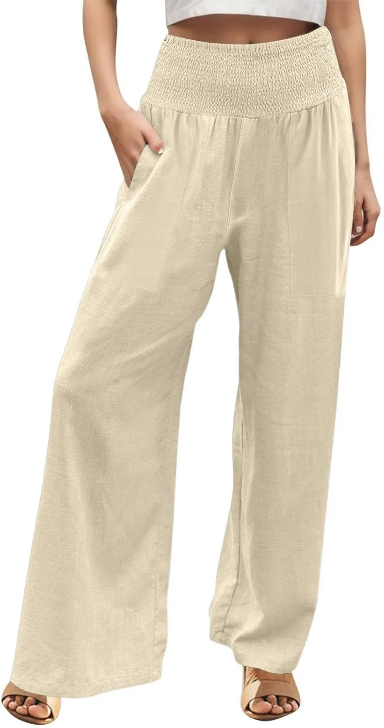 Linen Pants for Women Wide Leg Beach 2025 Summer Elastic Waist Pants High Waisted with Pockets Comfy Solid Clothes