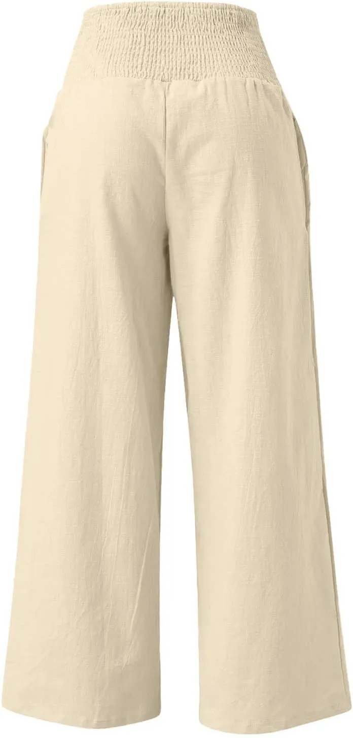 Linen Pants for Women Wide Leg Beach 2025 Summer Elastic Waist Pants High Waisted with Pockets Comfy Solid Clothes