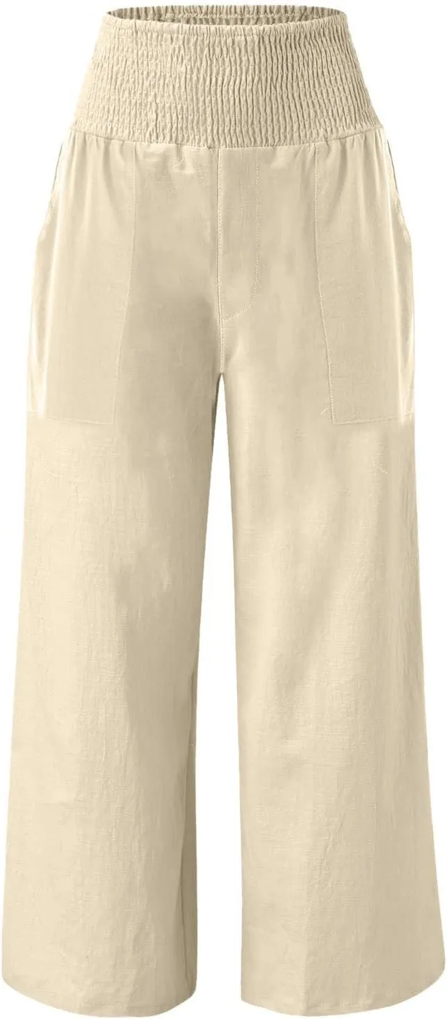 Linen Pants for Women Wide Leg Beach 2025 Summer Elastic Waist Pants High Waisted with Pockets Comfy Solid Clothes