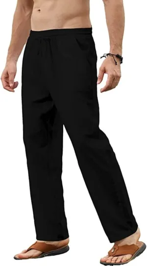 Linen Pants Men Casual Elastic Waist Drawstring Mens Trousers Lightweight Beach Summer Pants Fashion Loose Slacks
