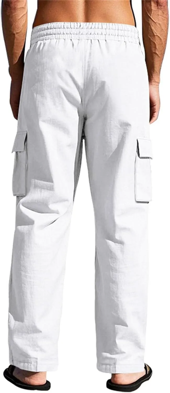 Linen Pants Men Drawstring Casual Elastic Waist Linen Cargo Pants with Multi Pockets Loose Fit Summer Beach Pant