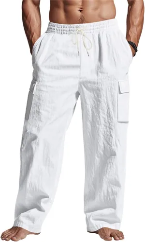 Linen Pants Men Drawstring Casual Elastic Waist Linen Cargo Pants with Multi Pockets Loose Fit Summer Beach Pant