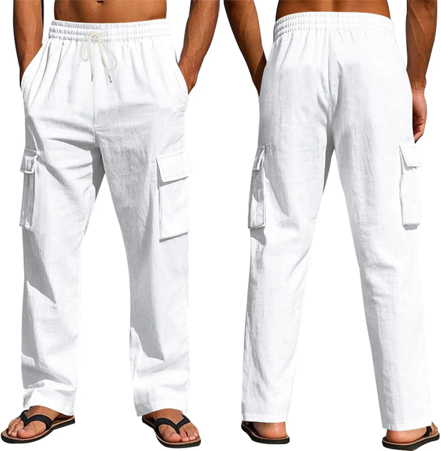 Linen Pants Men Drawstring Casual Elastic Waist Linen Cargo Pants with Multi Pockets Loose Fit Summer Beach Pant