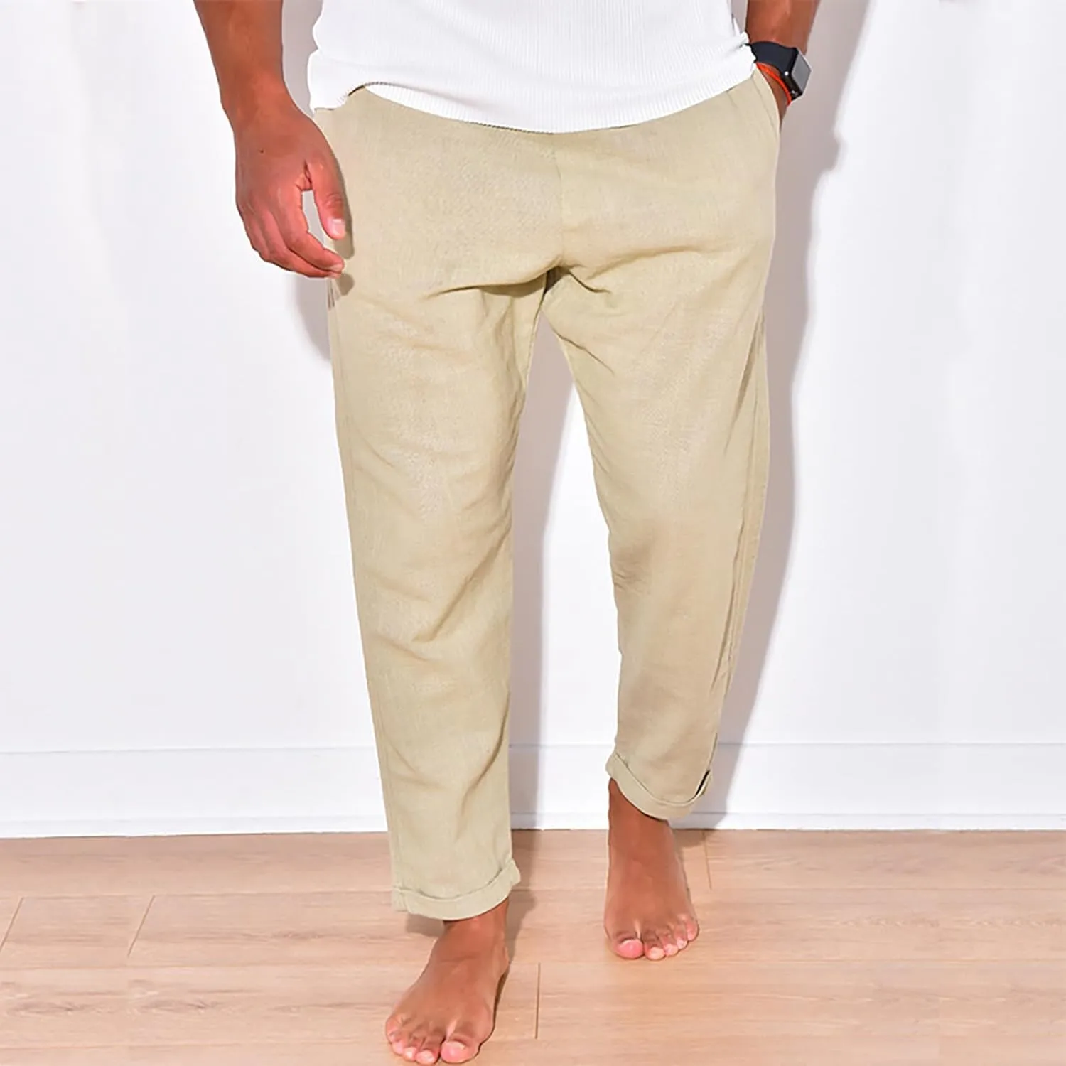 Linen Pants Men Tapered Leg Casual Elastic Waist Summer Beach Pants Lightweight Breathable Yoga Vacation Trousers