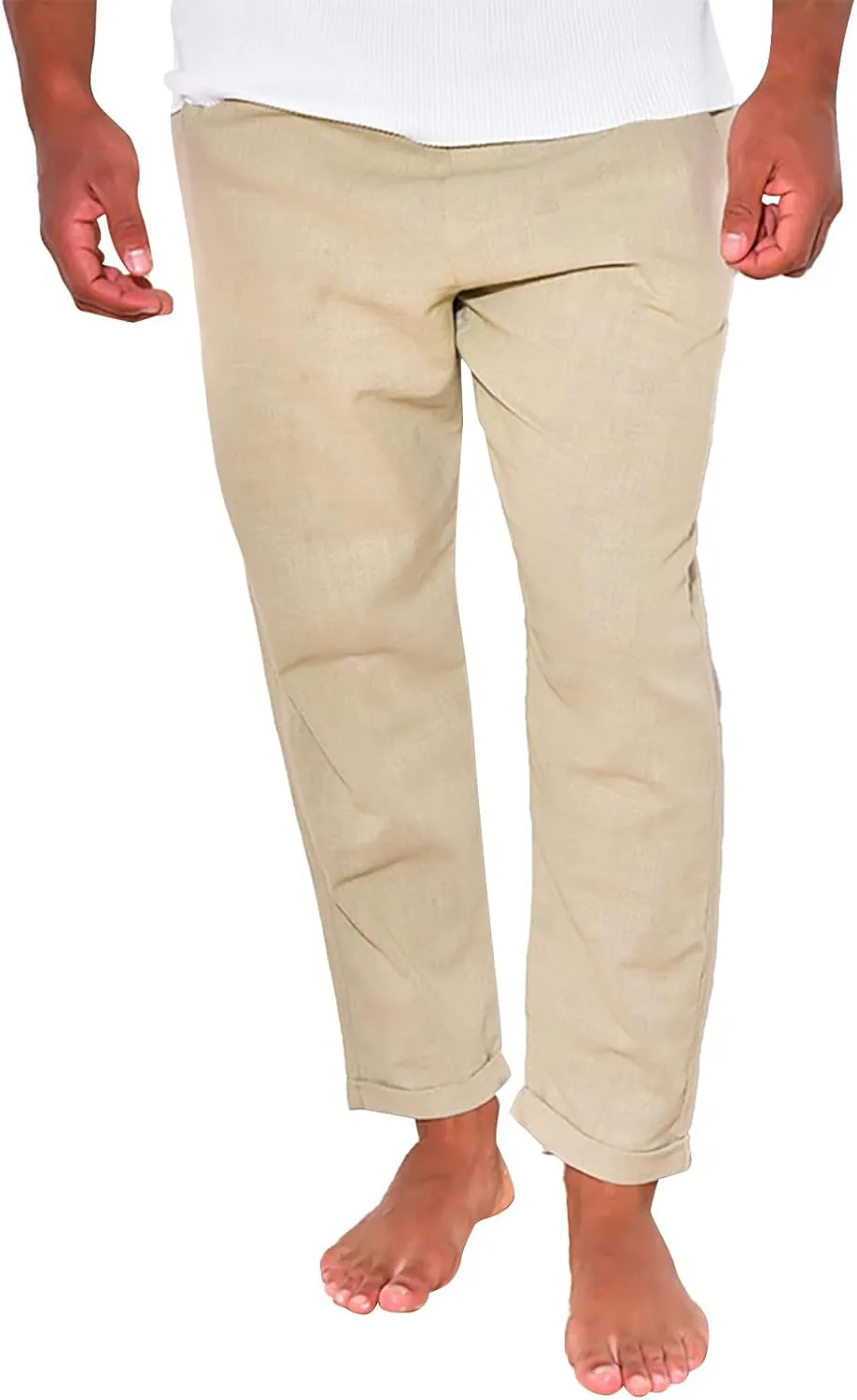 Linen Pants Men Tapered Leg Casual Elastic Waist Summer Beach Pants Lightweight Breathable Yoga Vacation Trousers