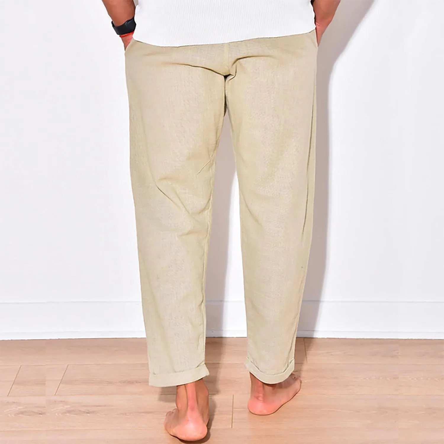 Linen Pants Men Tapered Leg Casual Elastic Waist Summer Beach Pants Lightweight Breathable Yoga Vacation Trousers
