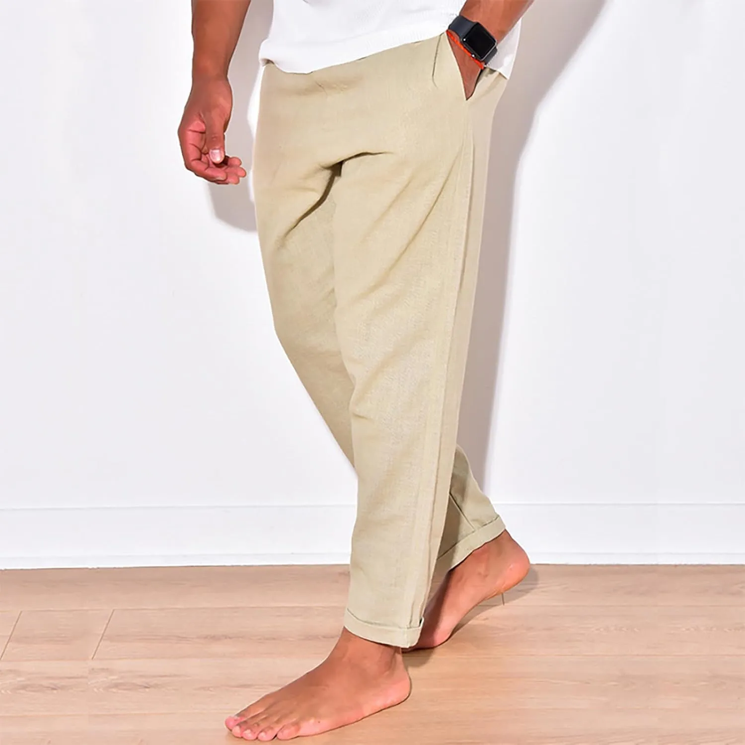 Linen Pants Men Tapered Leg Casual Elastic Waist Summer Beach Pants Lightweight Breathable Yoga Vacation Trousers