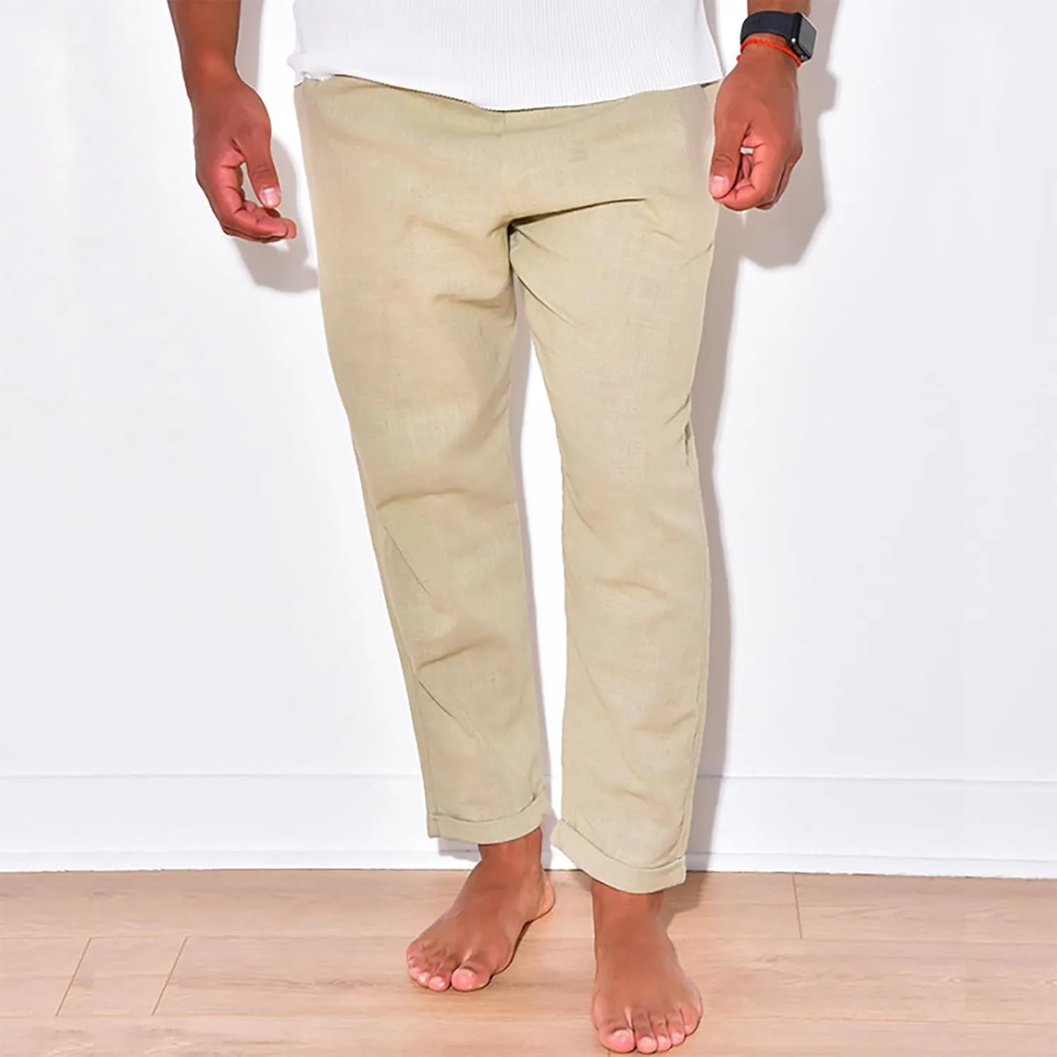 Linen Pants Men Tapered Leg Casual Elastic Waist Summer Beach Pants Lightweight Breathable Yoga Vacation Trousers