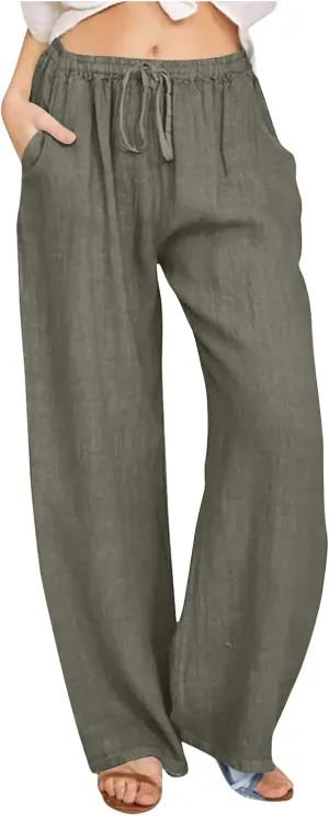 Linen Pants Women 2025 Summer High Waisted Cotton Palazzo Pants Drawstring Elastic Waist Trousers with Pockets