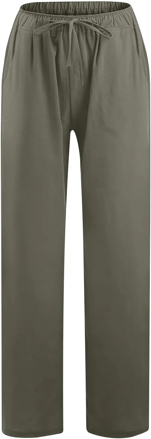 Linen Pants Women 2025 Summer High Waisted Cotton Palazzo Pants Drawstring Elastic Waist Trousers with Pockets