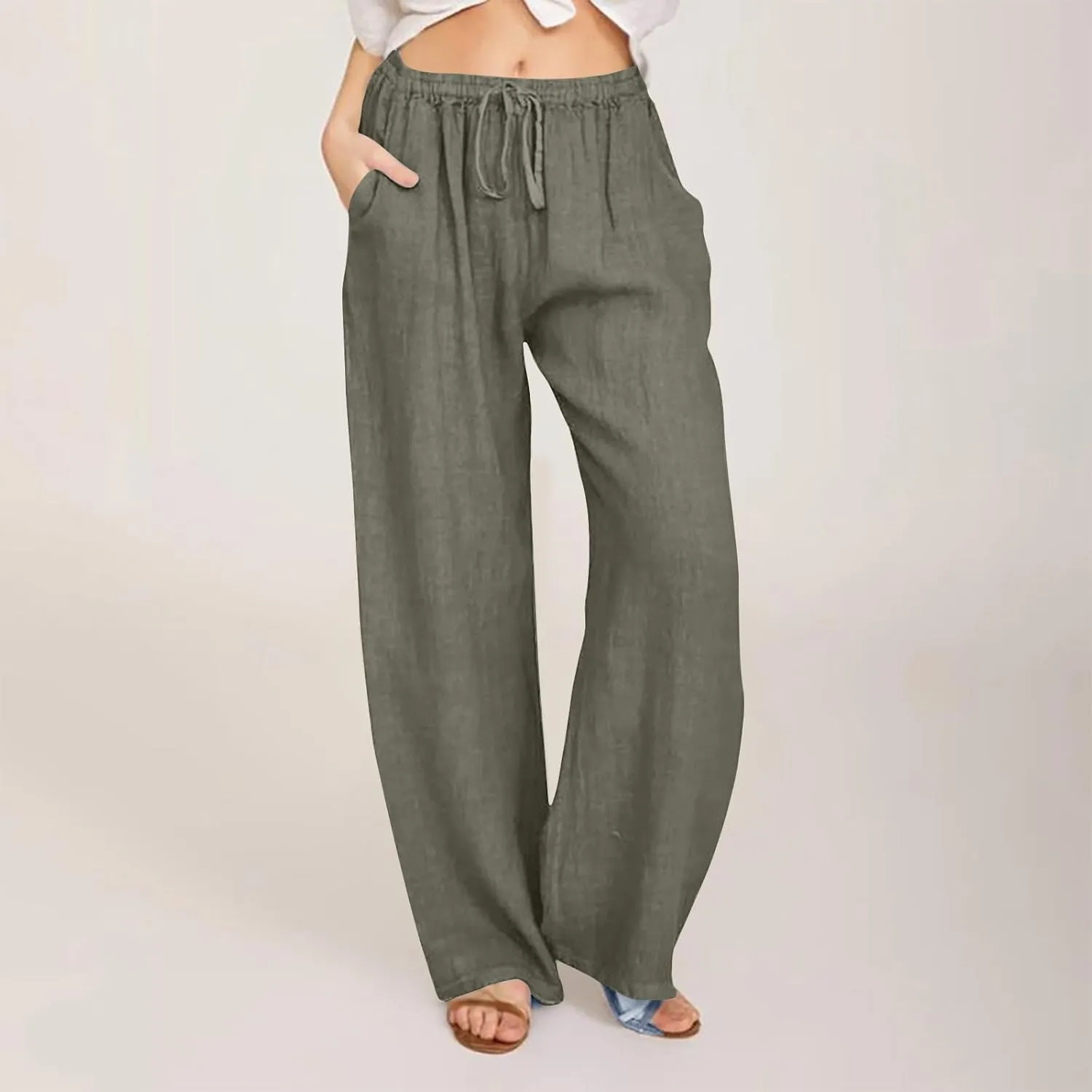 Linen Pants Women 2025 Summer High Waisted Cotton Palazzo Pants Drawstring Elastic Waist Trousers with Pockets