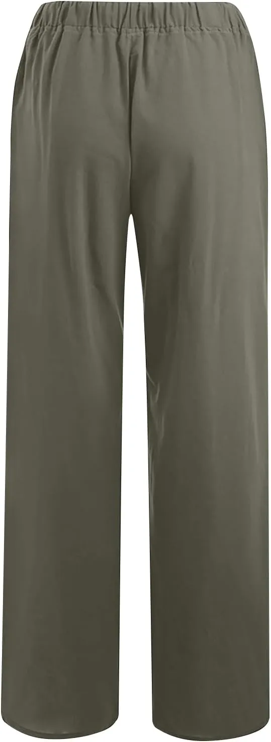 Linen Pants Women 2025 Summer High Waisted Cotton Palazzo Pants Drawstring Elastic Waist Trousers with Pockets