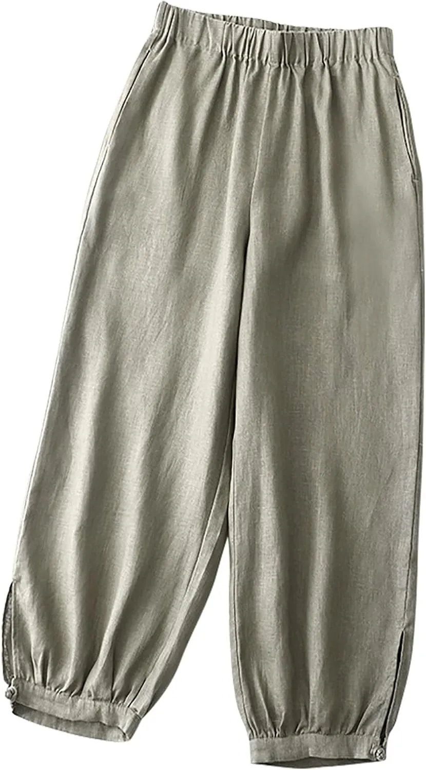 Linen Pants Women Elastic Waist Baggy Trousers Casual Loose Fit Herem Pants with Pockets Ladies Summer Clothes 2025