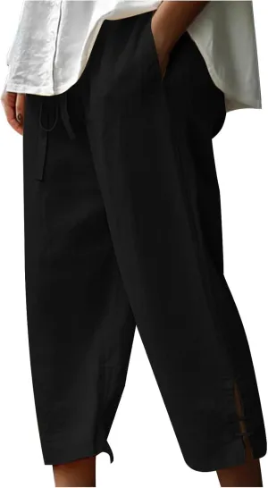 Linen Pants Women Plus Size Elastic Waist Capri Pants High Rise Capris 2025 Summer Trousers Pants with Pockets