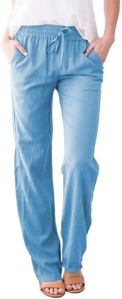 Linen Pants Women Summer 2025 Casual Beach Pants Elastic Waist Wide Leg Loose Long Length Trousers