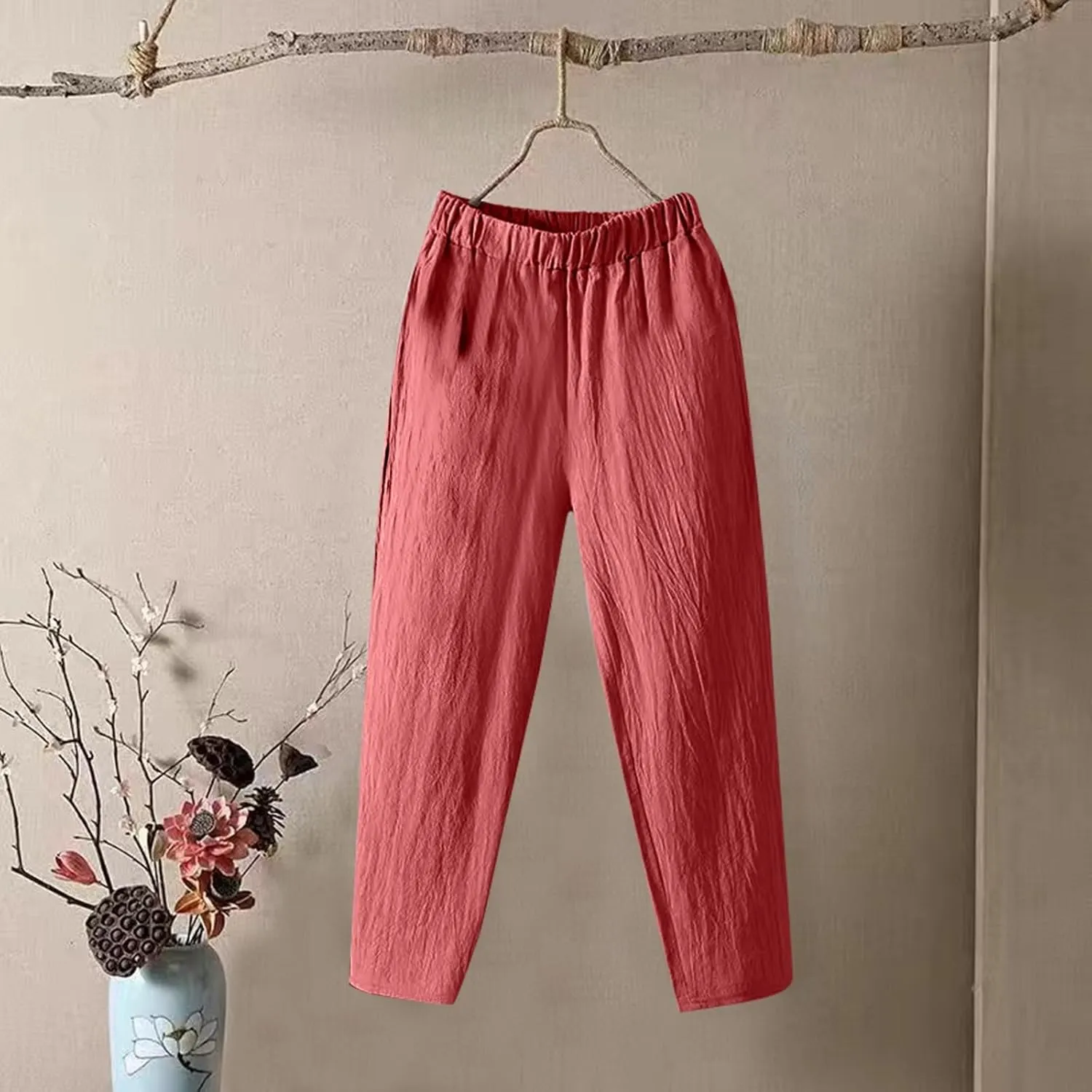 Linen Pants Women Summer Straight Leg Elastic Waist Casual Pants Peasant Linen