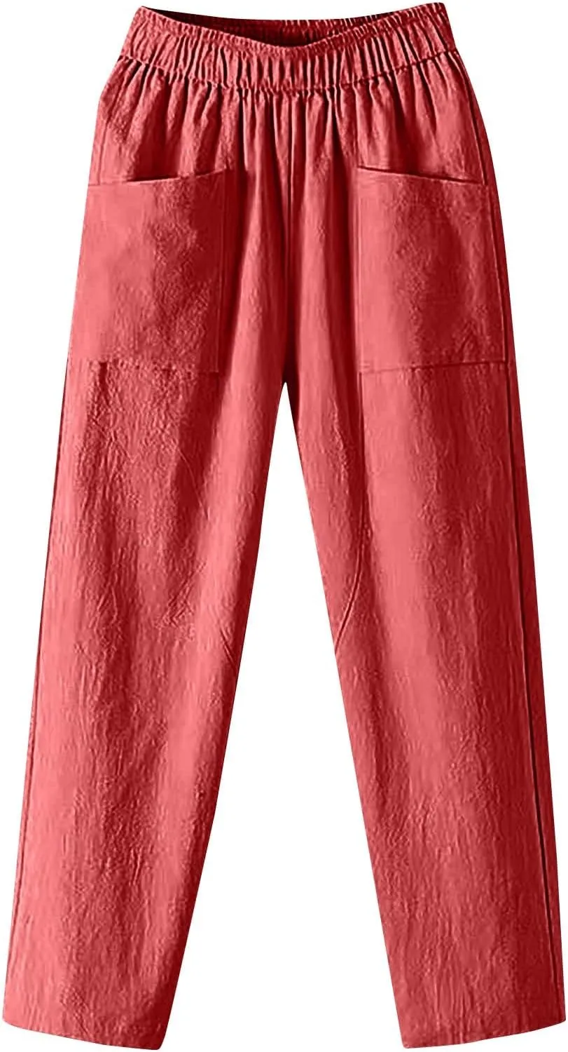Linen Pants Women Summer Straight Leg Elastic Waist Casual Pants Peasant Linen