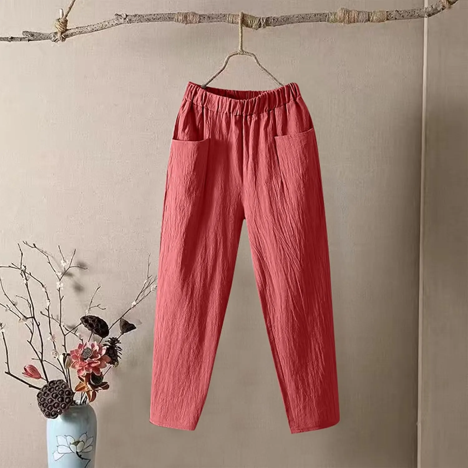 Linen Pants Women Summer Straight Leg Elastic Waist Casual Pants Peasant Linen