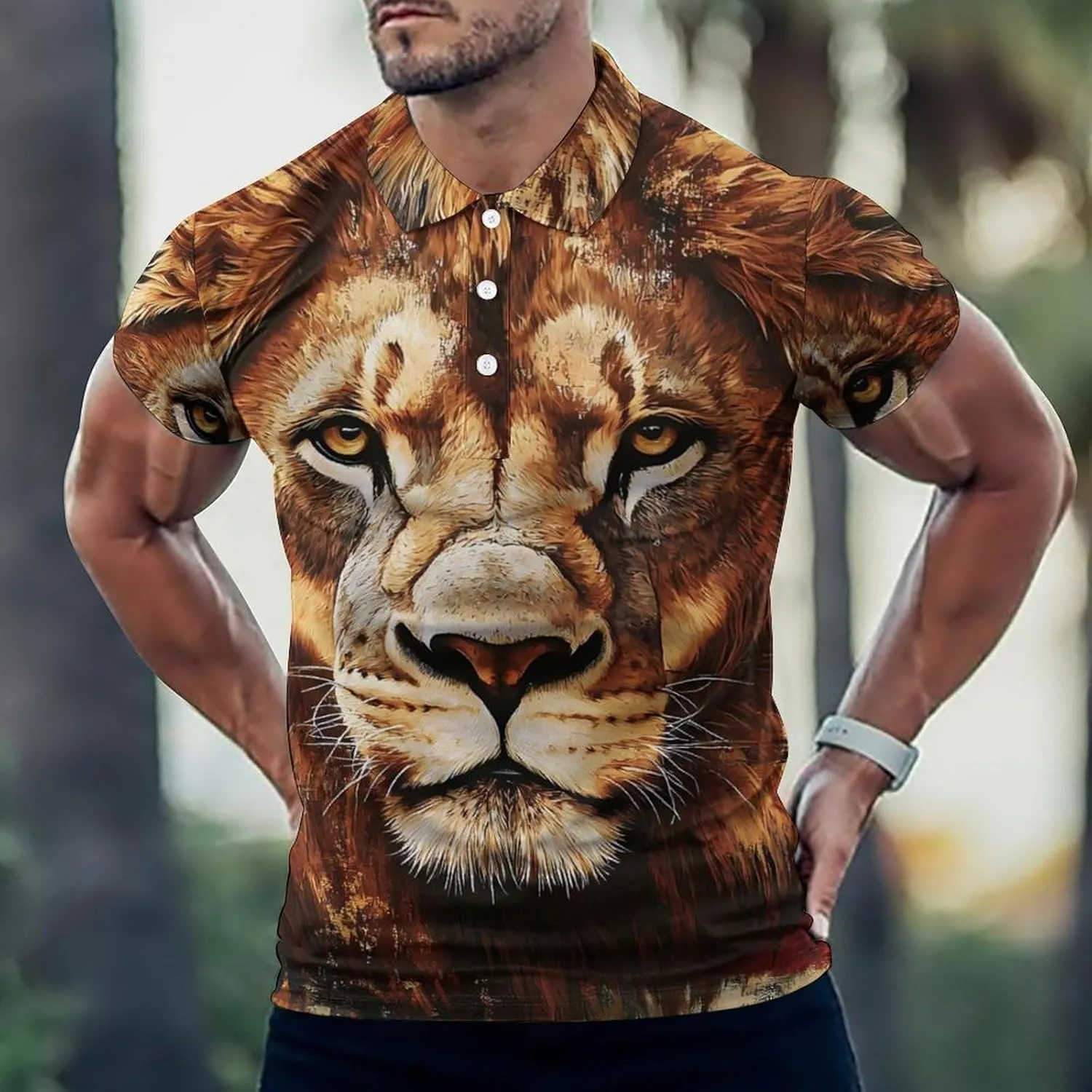 Lion U.S. Flag Slim Fit Men's Short Sleeve Polo Shirts Quick-Dry Breathable Golf T-Shirt Tops