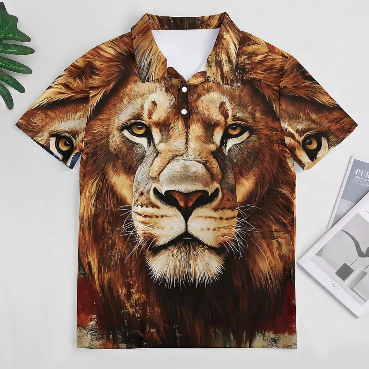 Lion U.S. Flag Slim Fit Men's Short Sleeve Polo Shirts Quick-Dry Breathable Golf T-Shirt Tops