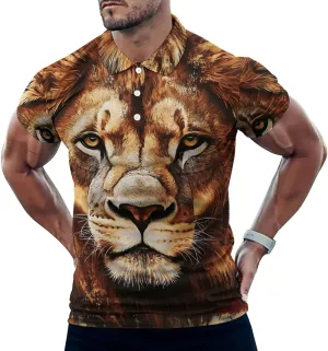 Lion U.S. Flag Slim Fit Men's Short Sleeve Polo Shirts Quick-Dry Breathable Golf T-Shirt Tops