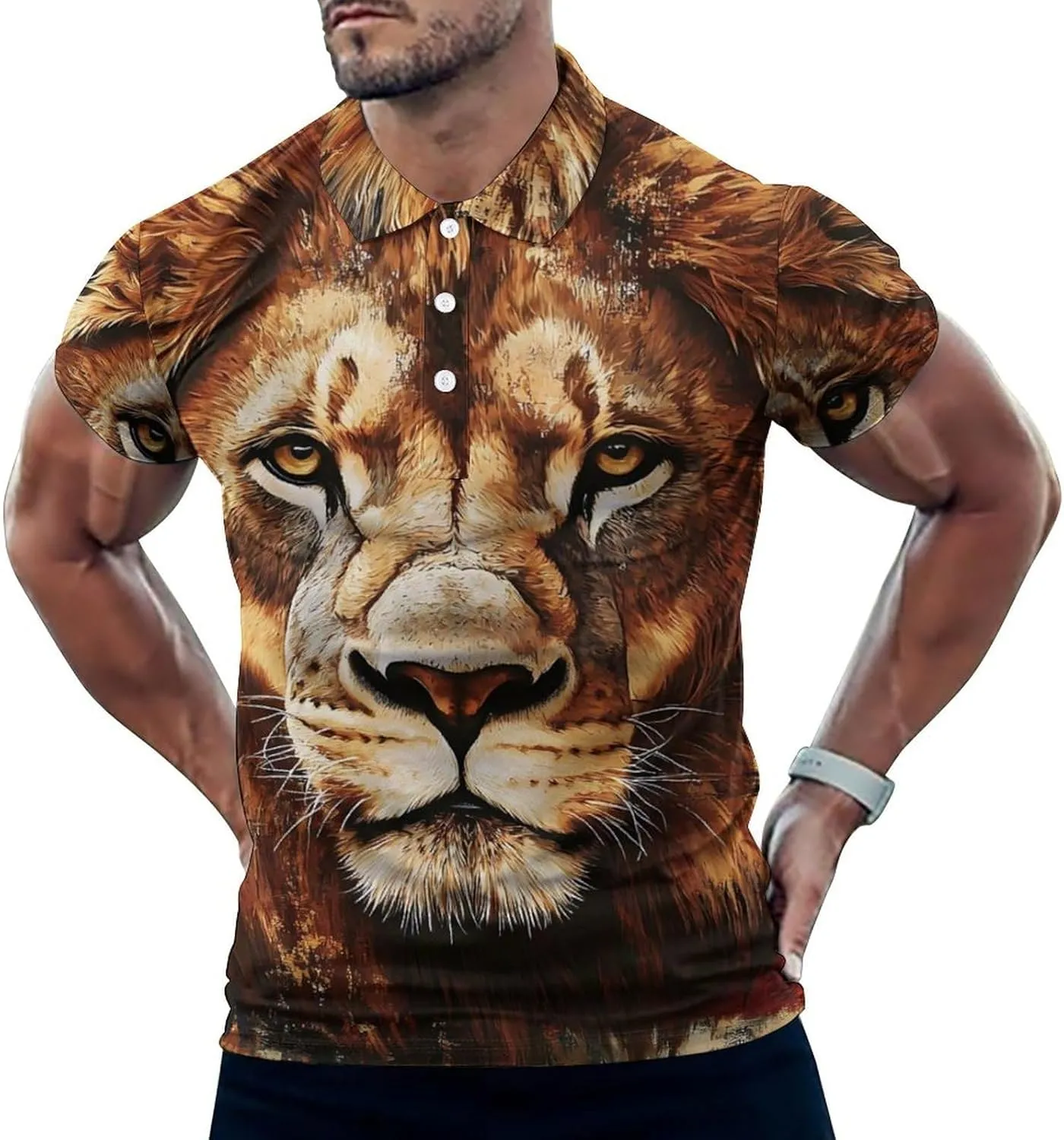 Lion U.S. Flag Slim Fit Men's Short Sleeve Polo Shirts Quick-Dry Breathable Golf T-Shirt Tops
