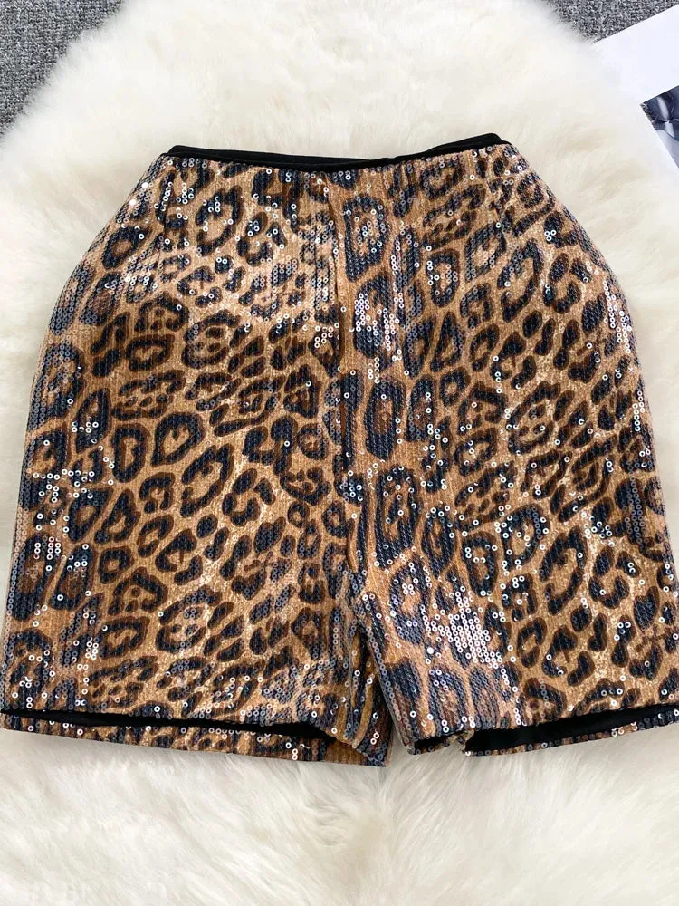 Lizza Sequins Patchwork Zipper Skinny Trendy Mini Shorts (Bottoms)