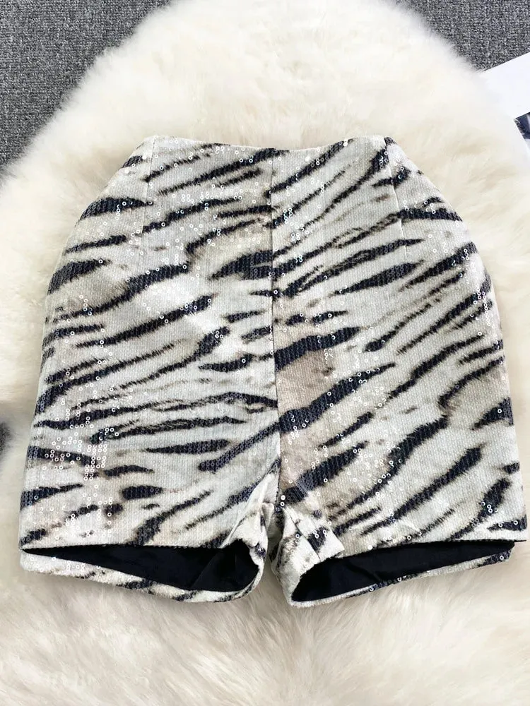 Lizza Sequins Patchwork Zipper Skinny Trendy Mini Shorts (Bottoms)