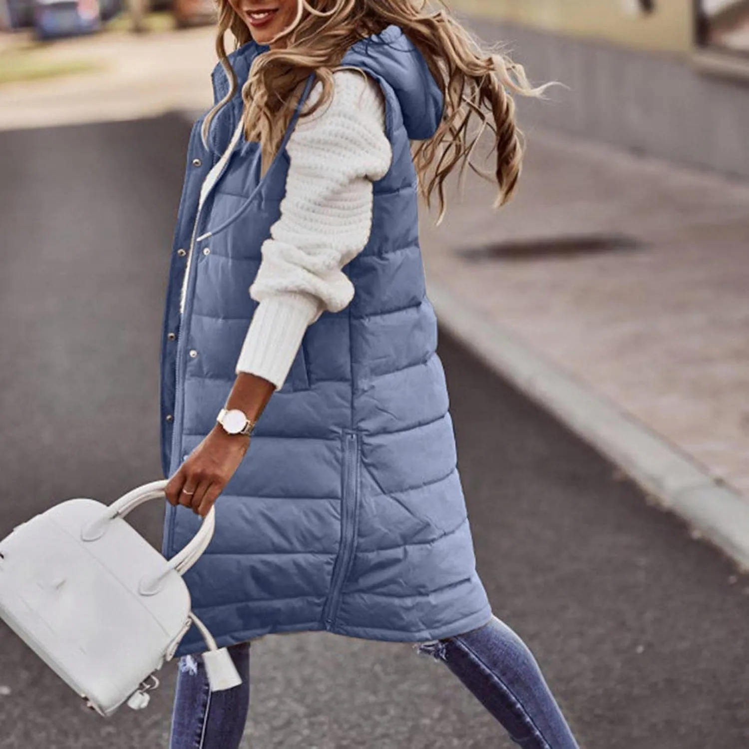 Long Puffer Vest for Women Padded Sleeveless Hooded Jackets Winter Warm Puffy Coats Outerwear Vests with Pockets
