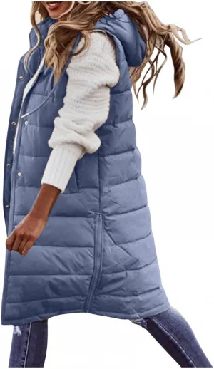 Long Puffer Vest for Women Padded Sleeveless Hooded Jackets Winter Warm Puffy Coats Outerwear Vests with Pockets