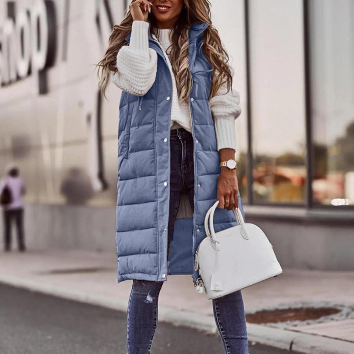 Long Puffer Vest for Women Padded Sleeveless Hooded Jackets Winter Warm Puffy Coats Outerwear Vests with Pockets