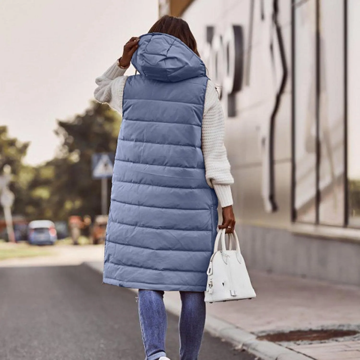 Long Puffer Vest for Women Padded Sleeveless Hooded Jackets Winter Warm Puffy Coats Outerwear Vests with Pockets