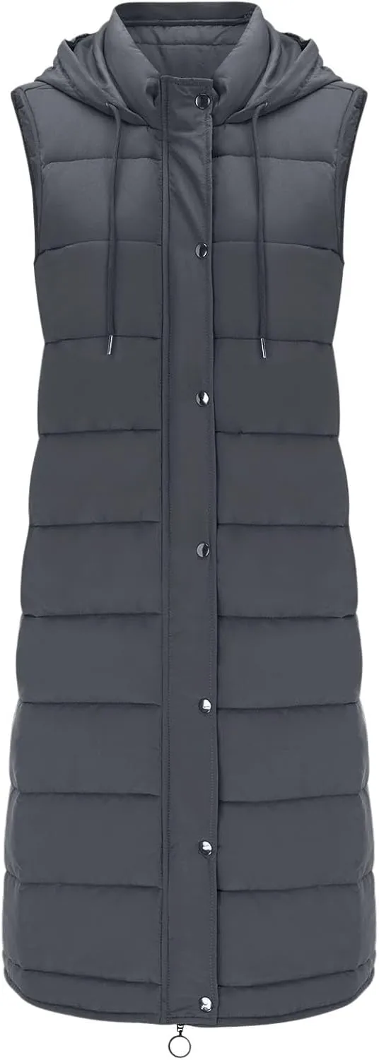 Long Puffer Vest for Women Padded Sleeveless Hooded Jackets Winter Warm Puffy Coats Outerwear Vests with Pockets