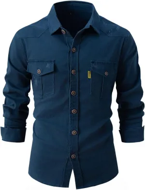 Lu's Chic Men's Shirt Jacket Soft Trucker Long Sleeve Cotton Shacket Fall Classic Button Casual Western