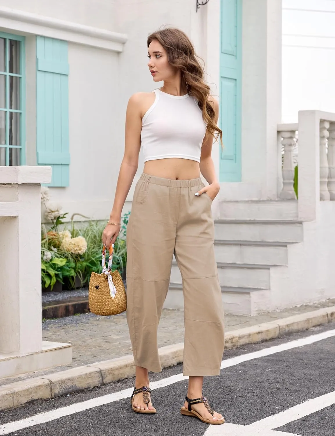 Lviefent Womens Wide Leg Barrel Pants Casual Baggy Elastic Waist Linen Ankle Length Trouser with Pockets