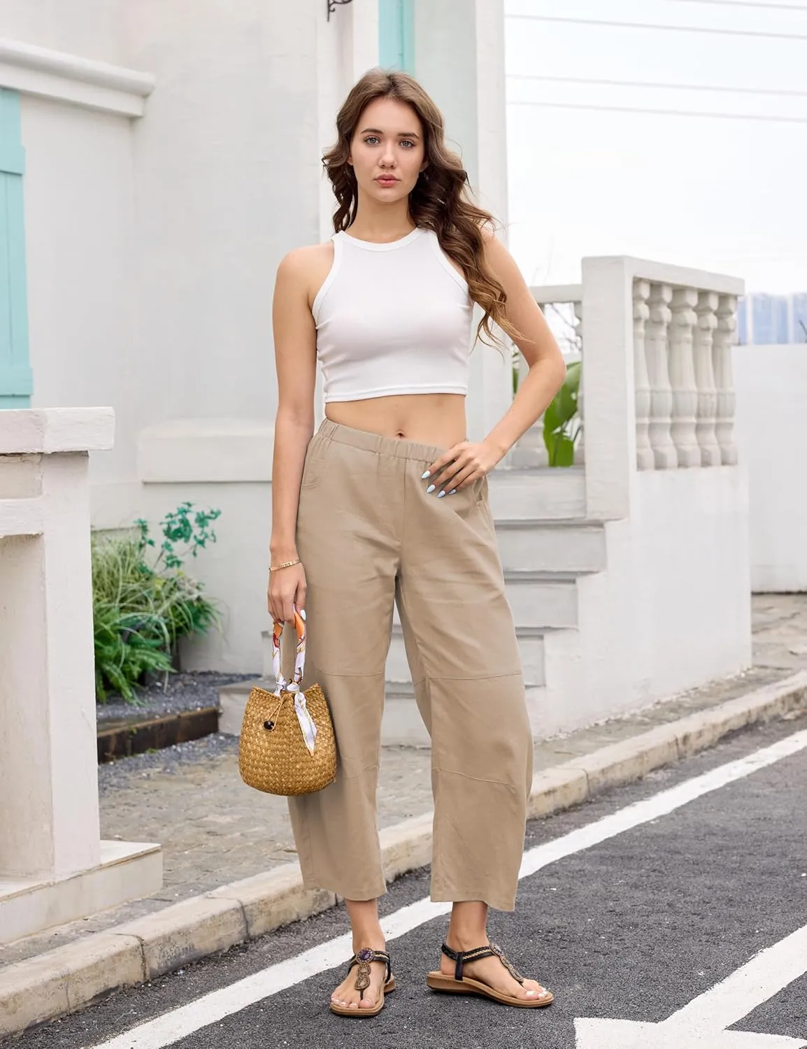 Lviefent Womens Wide Leg Barrel Pants Casual Baggy Elastic Waist Linen Ankle Length Trouser with Pockets