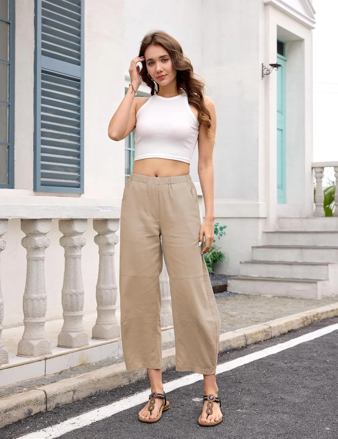 Lviefent Womens Wide Leg Barrel Pants Casual Baggy Elastic Waist Linen Ankle Length Trouser with Pockets