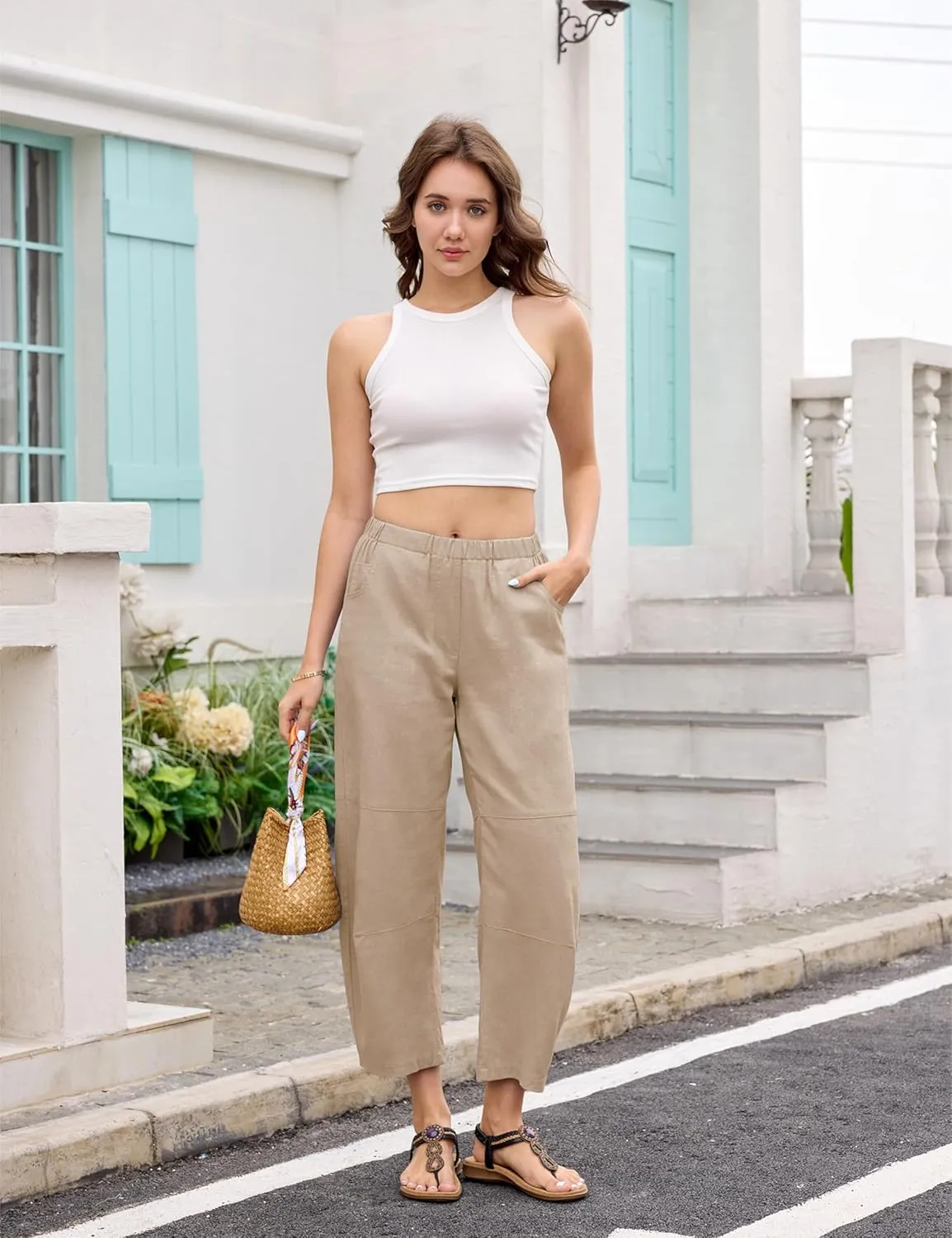 Lviefent Womens Wide Leg Barrel Pants Casual Baggy Elastic Waist Linen Ankle Length Trouser with Pockets