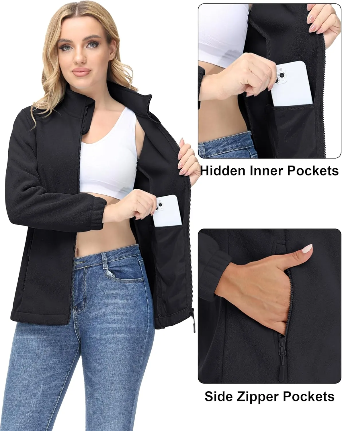 MAGCOMSEN Women's Fleece Jacket Zip Up Coat Lightweight Soft Warm Long Sleeve Jackets with Pockets for Winter