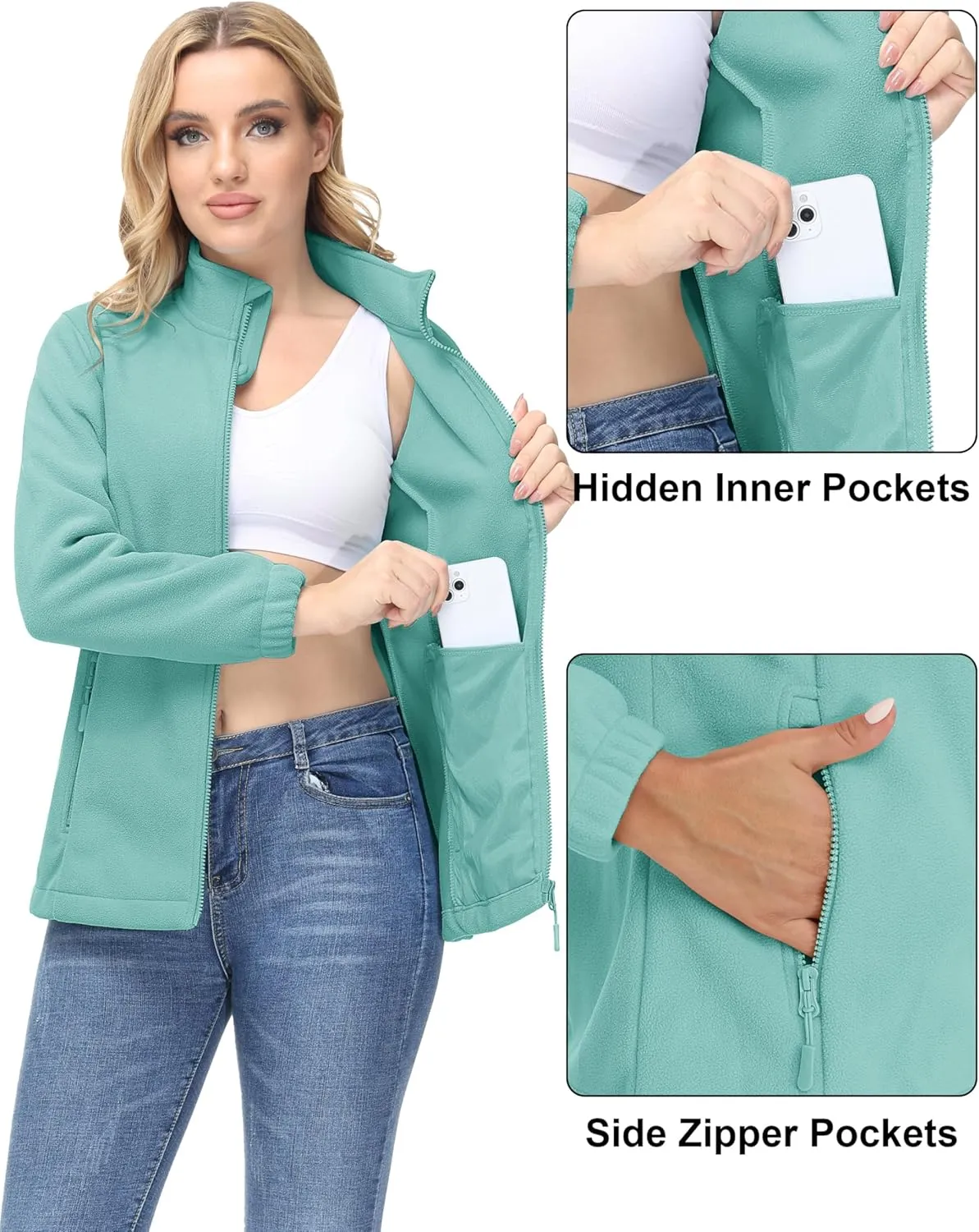 MAGCOMSEN Women's Fleece Jacket Zip Up Coat Lightweight Soft Warm Long Sleeve Jackets with Pockets for Winter