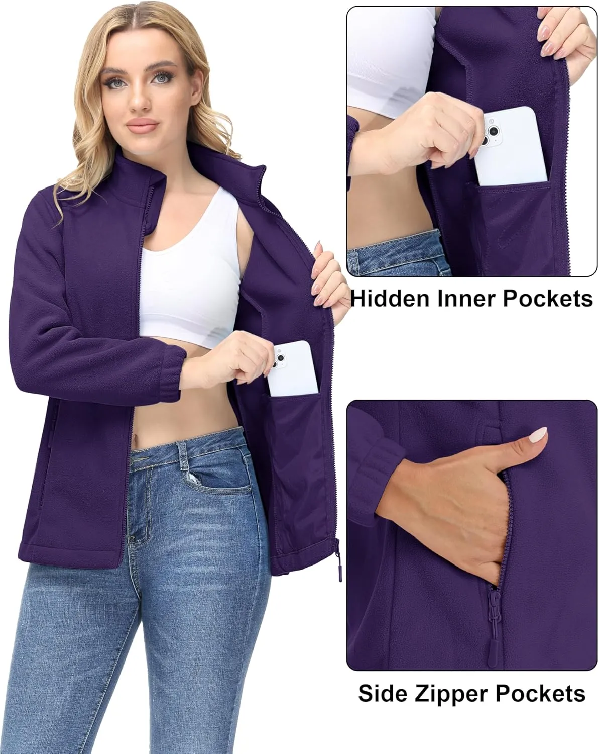MAGCOMSEN Women's Fleece Jacket Zip Up Coat Lightweight Soft Warm Long Sleeve Jackets with Pockets for Winter