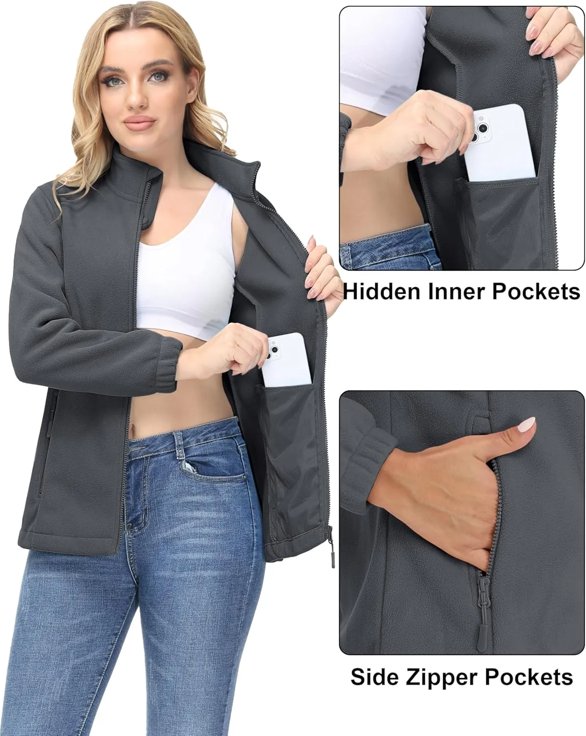 MAGCOMSEN Women's Fleece Jacket Zip Up Coat Lightweight Soft Warm Long Sleeve Jackets with Pockets for Winter