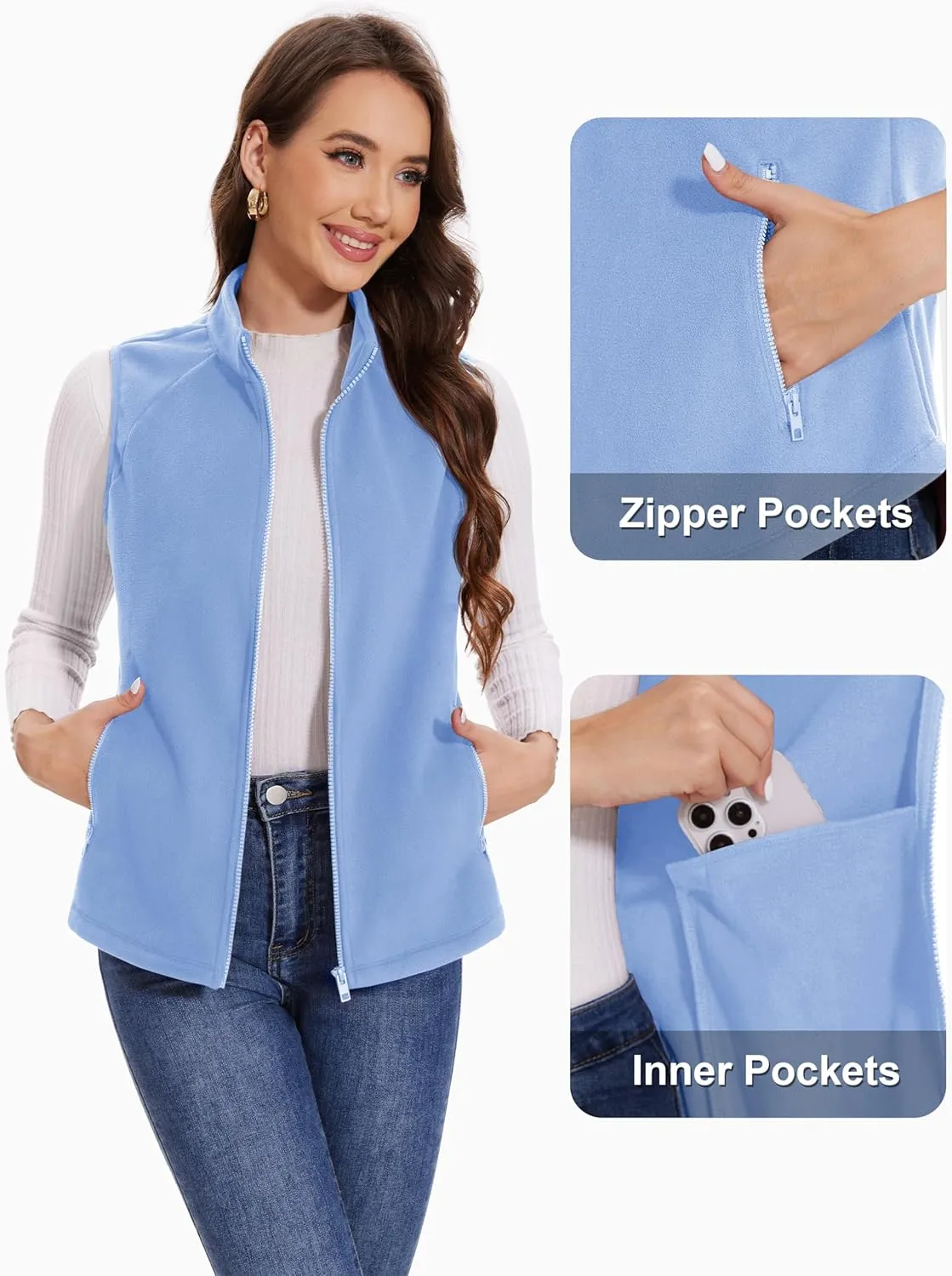 MAGCOMSEN Women's Fleece Vest with Zipper Pockets Zip Up Sleeveless Jackets Lightweight Soft Warm Polar Vest Outerwear