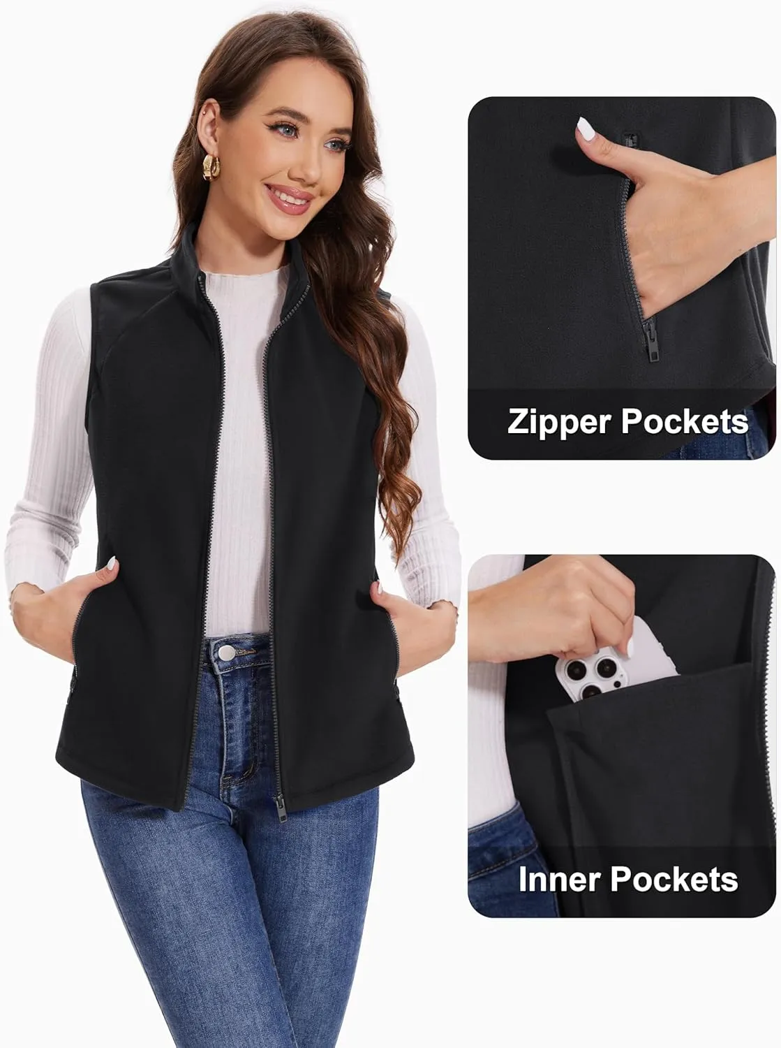 MAGCOMSEN Women's Fleece Vest with Zipper Pockets Zip Up Sleeveless Jackets Lightweight Soft Warm Polar Vest Outerwear