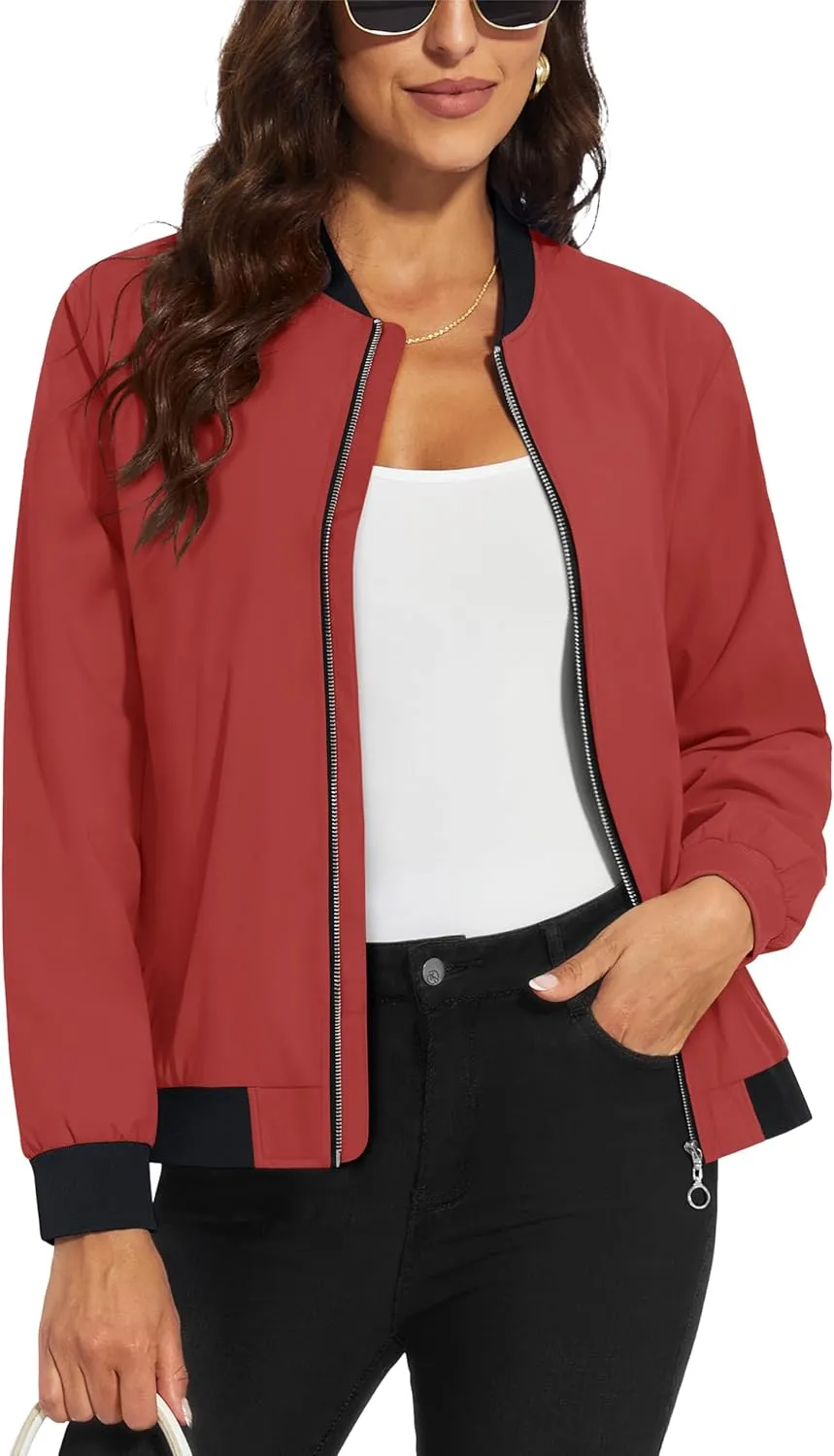 MAGCOMSEN Women's Lightweight Bomber Jackets Zip Up Casual Coat Spring Fall Windbreaker Outerwear with Pockets